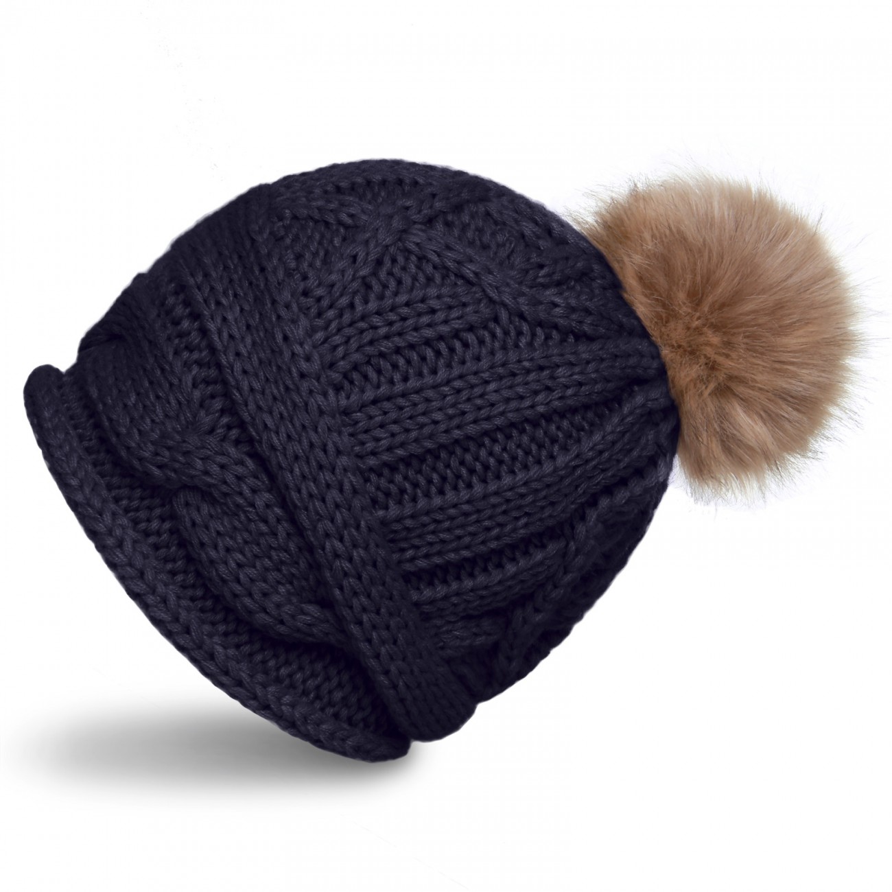CASPAR Womens Knitted Hat / Beanie Faux Fur Bobble and Cable Knit Design - MU091